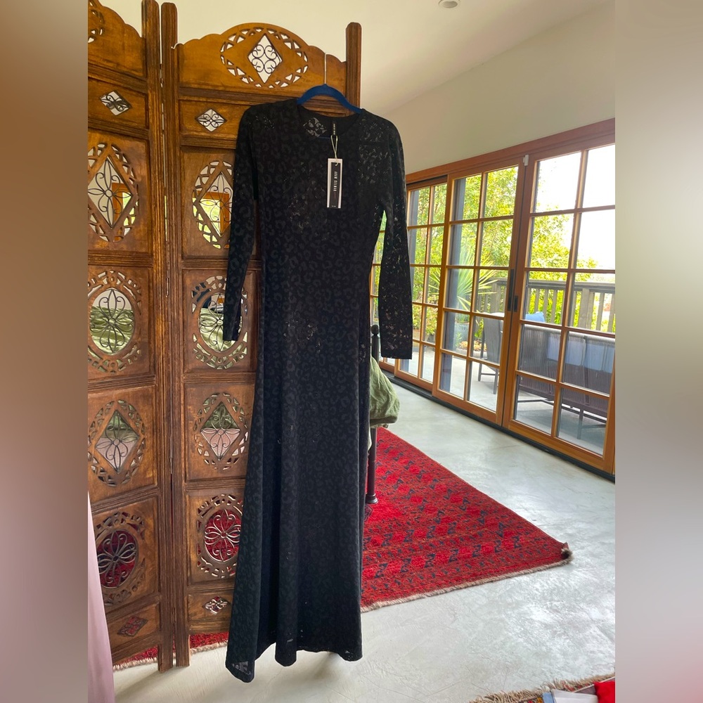 Adam Selman Sport long sleeve sheer stretchy maxi dress in black leopard, size L